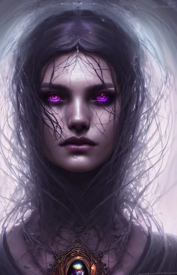 Image similar to Necromancer Sorceress face close-up macro in center, fantasy magic, undercut hairstyle, dark light night, intricate, elegant, sharp focus, illustration, highly detailed, digital painting, concept art, matte, art by WLOP and Artgerm and Greg Rutkowski and Alphonse Mucha, masterpiece