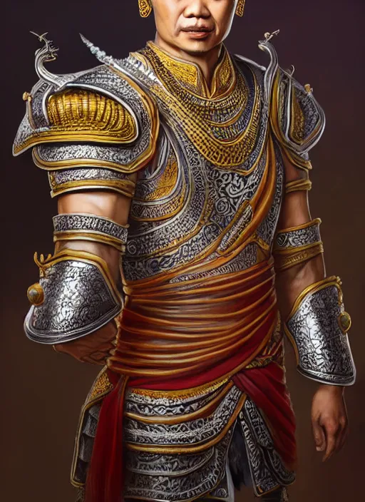 Image similar to king ramkhaheang of sukhothai, close portrait, historical, ethnic group, traditional tai costume, sukhothai headset, leather shoulder armor, fantasy, intricate, with leather armor cross onbare chest, elegant, loin cloth, highly detailed, oill painting, artstation, concept art, matte, sharp focus, illustration, hearthstone, art by earl norem