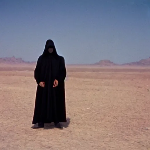 Prompt: a man wearing a long cloak and hood and gasmask, in the desert, film still, arriflex