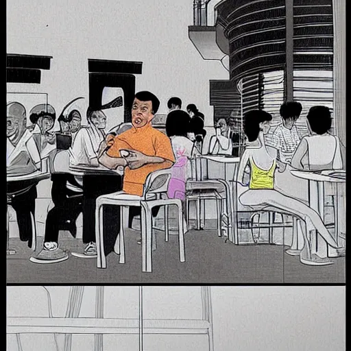 Image similar to concept art of an old singaporean man wearing a singlet drinking coffee in a hawker centre, by moebius