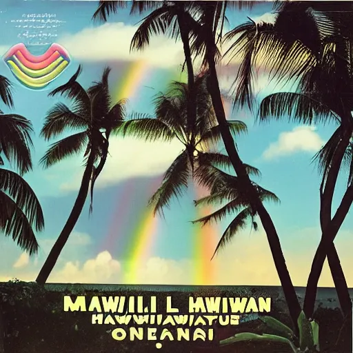 Image similar to miracle musical Hawaii part ii album cover, showing an ocean in the background, spiral transparent stairs on the left with tall palm trees behind it, a slight rainbow in the background, white outline border, moon in the right top area black and white except for the rainbow album cover rainbow text in the center reading Hawaii part ii, 80s Japanese