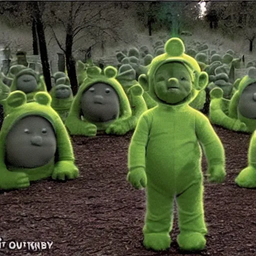 Image similar to teletubbies on cemetery trail camera footage