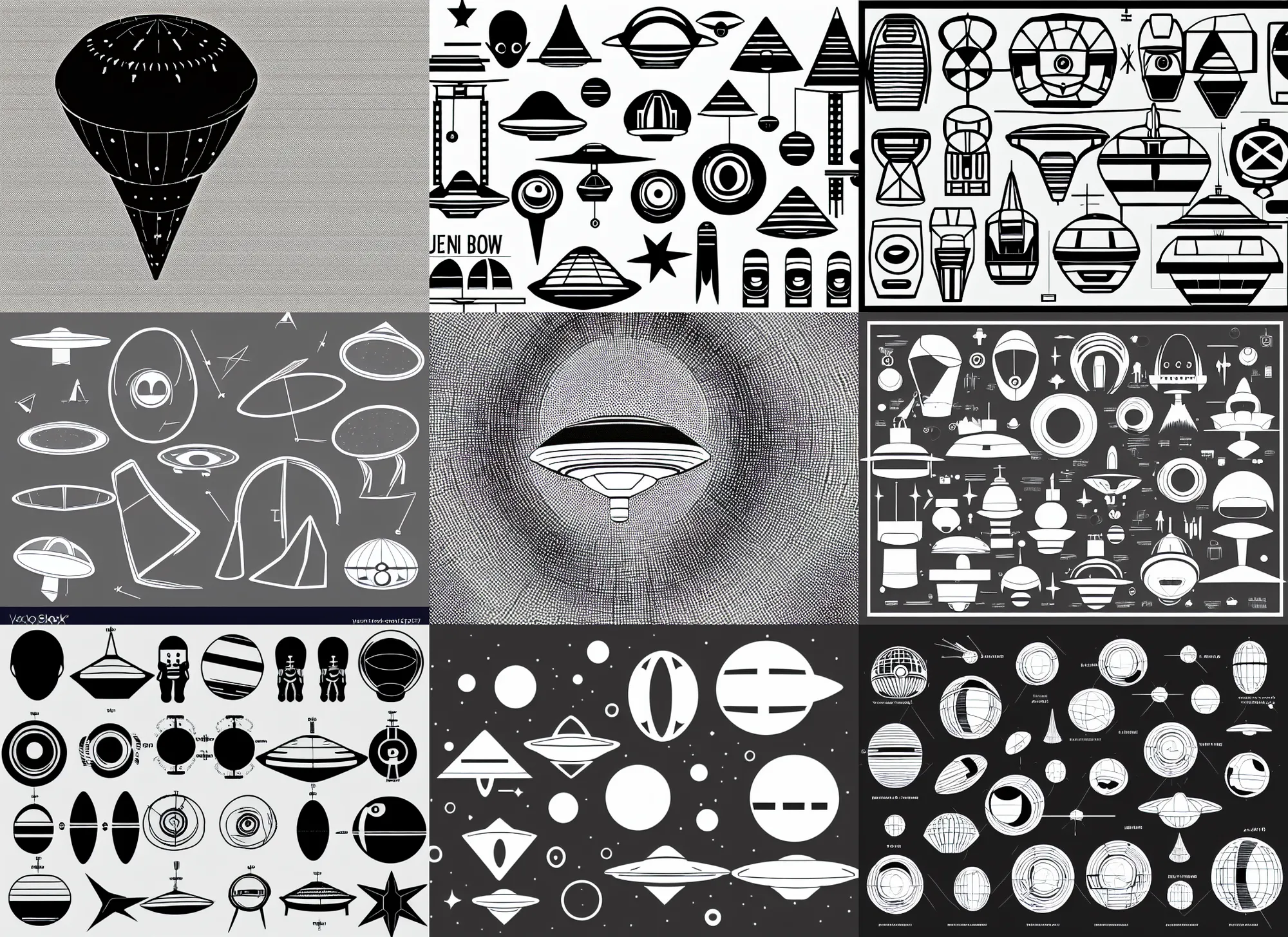 Prompt: ufo diagram clean shapes by bauhaus, sprite sheet, b & w, vector