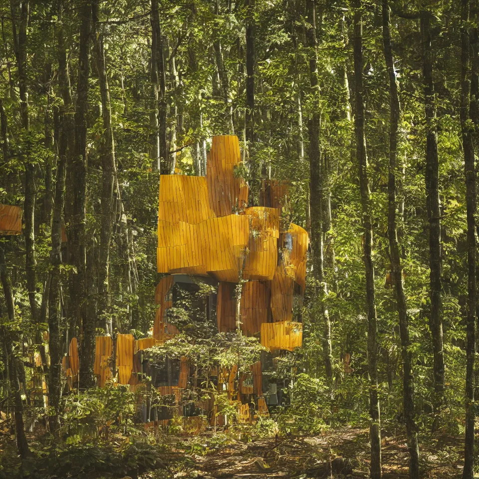 Image similar to a tiny tiny house with big tiles, from far away, in a forest, designed by frank gehry. film grain, cinematic, yellow hue