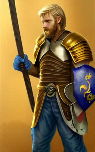 Image similar to highly detailed concept art of a rugged young knight with blonde hair and blue eyes and a short beard wearing a blue shirt and a yellow cape and leather boots holding a shield and a warpick, by Piotr Dura, concept art, realistic, masterpiece, ArtStation