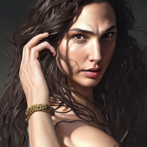 Prompt: sexy painting of gal gadot, ultra realistic, concept art, intricate details, eerie, highly detailed, photorealistic, octane render, 8 k, unreal engine, art by artgerm and greg rutkowski and alphonse mucha