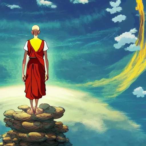 Prompt: illustration of a levitating monk meditating within the centre of a giant swirling atom, studio ghibli, ultra hd