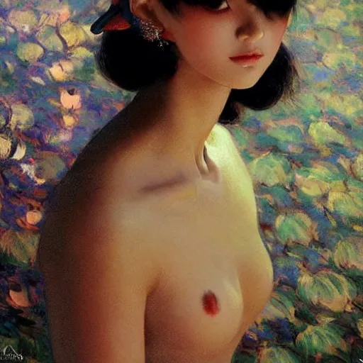 Prompt: beautiful photography, fashionable ceremonial dancer, focus close on dreaming eyes, soft skin, seventies giallo film by ilya kuvshinov monet range murata artgerm katsuhiro otomo norman rockwell, highly detailed intricately sharp focus, bedroom eyes trending on pinterest vogue italia 3 5 mm, 4 k uhd image