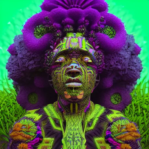 Image similar to an african marijuanna shaman with an afro made of flowers, third eye art art by machina infinitum, complexity from simplicity, rendered in octane, mandelbulb 3 d, ambient occlusion, macro photography, felt!!! texture, tribal, neon! retrowave