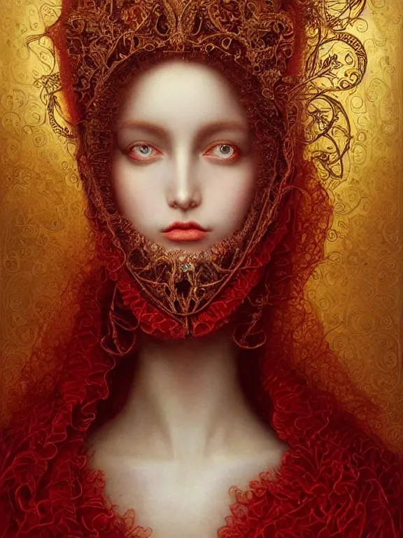 Image similar to a beautiful render of baroque catholic veiled red queen , with symmetry intricate detailed,by LEdmund Leighton, peter gric,aaron horkey,Billelis,trending on pinterest,hyperreal,jewelry,gold,intricate,maximalist,glittering,golden ratio,cinematic lighting