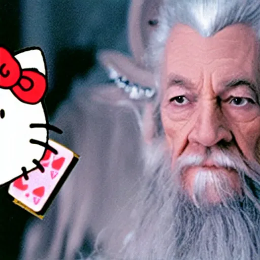 Prompt: portrait of Gandalf dressed up as hello kitty, holding up a playing card to the camera, movie still from Lord of the Rings