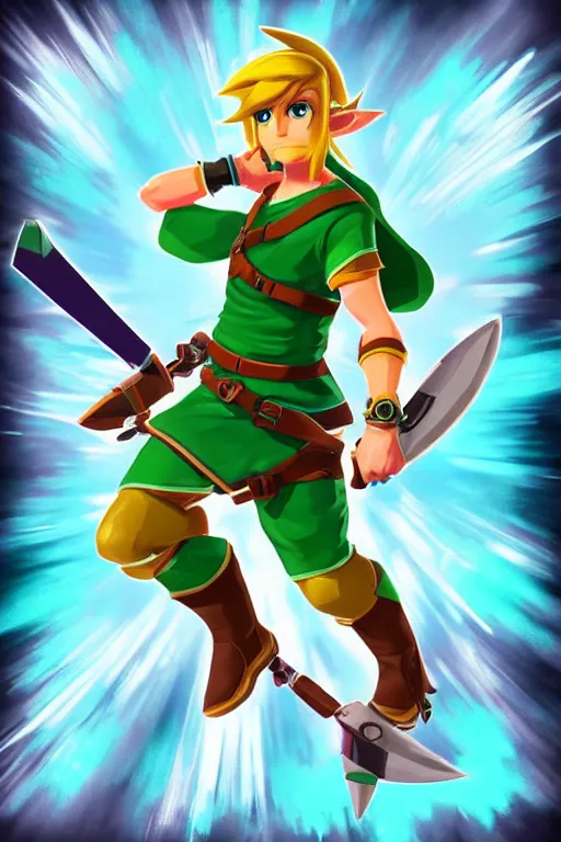 Prompt: an in game portrait of link from nintendo arms, arms art style.