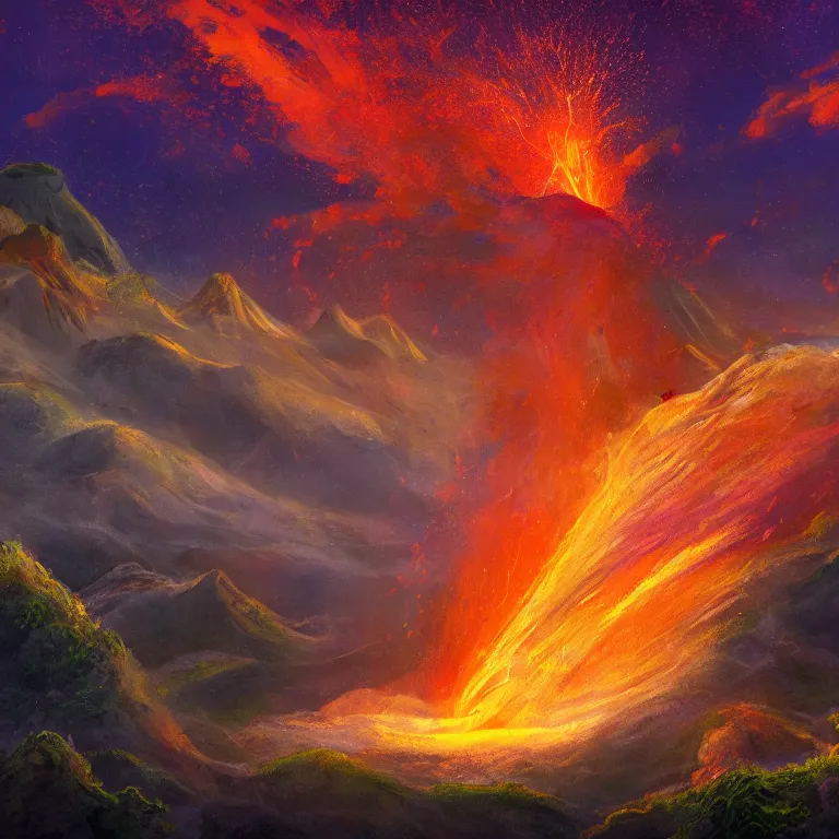 Image similar to a painting of a volcano from which come out flowers and stars exotic plants, all this happens in some kind of fantasy world, almost like in the sky or all in the amazing outdoors view, long exposure, 8 k resolution, trending on artstation