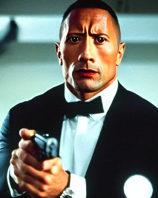 Image similar to Film still close-up shot of Dwayne Johnson as James Bond from the movie Goldeneye. Photographic, photography