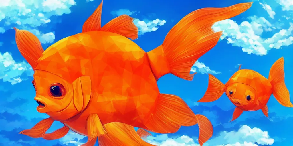 Image similar to giant goldfish swimming through the big puffy clouds, large polygonal background elements, large polygons, dramatic anime, dramatic lighting, artgerm, manga, trending on artstation, art nouveau, mature colors