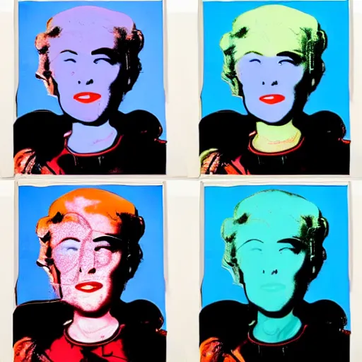 Image similar to old - style cyborg, 6 panels by andy warhol, with highly contrasted colors and an illuminating background