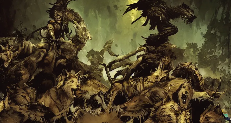 Image similar to WOLVES AND THEIR TREASURES. By Travis Charest, James Gurney, and Ashley Wood. dramatic lighting. Magic the gathering. digital painting.