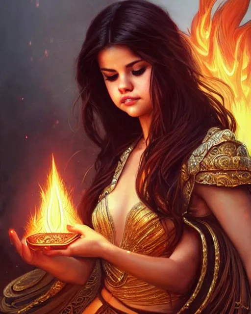 Image similar to Selena Gomez as a sorceress levitating and casting a fire spell, surrounded by fire, D&D, fantasy, intricate, elegant, highly detailed, digital painting, artstation, concept art, matte, sharp focus, illustration, hearthstone, art by Artgerm and Greg Rutkowski and Alphonse Mucha