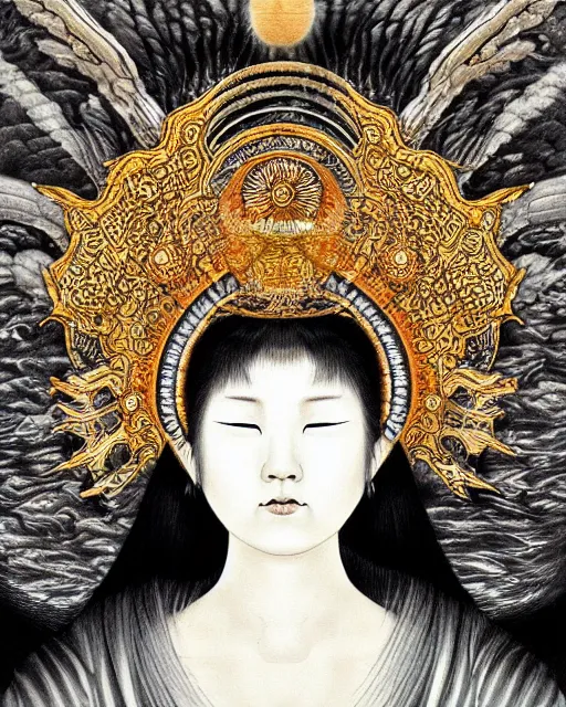 Prompt: hyper realistic portrait photo of ameterasu the sun goddess of japan, portrait shot, intricate detail