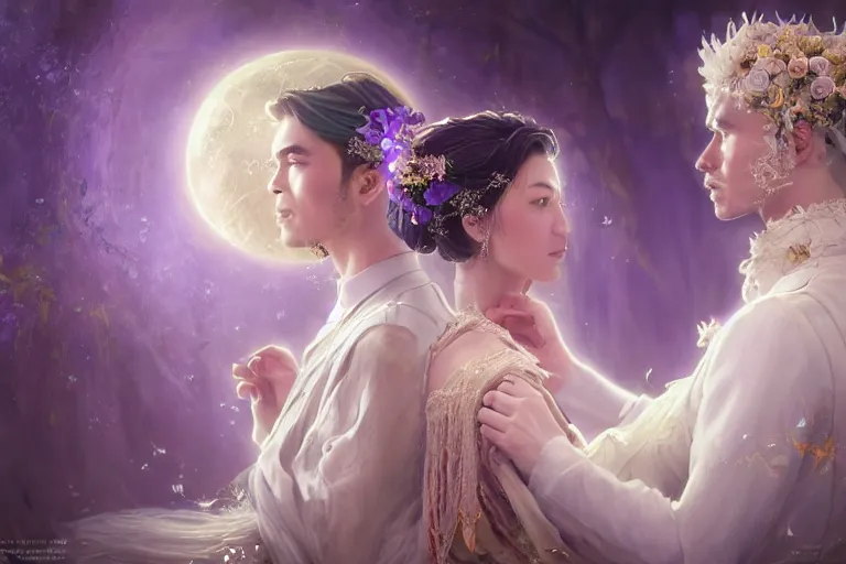 Image similar to a dreamlike cinematic portrait of wedding photograph close up moment of a divine a russia sun god and moon goddess lovers magician at a wedding banquet. portraiture. digital painting. artstation. concept art. fantasy wedding photo. digital painting, 8 k realistic, hyper detailed, violet evergarden art masterpiece by art by krenz cushart