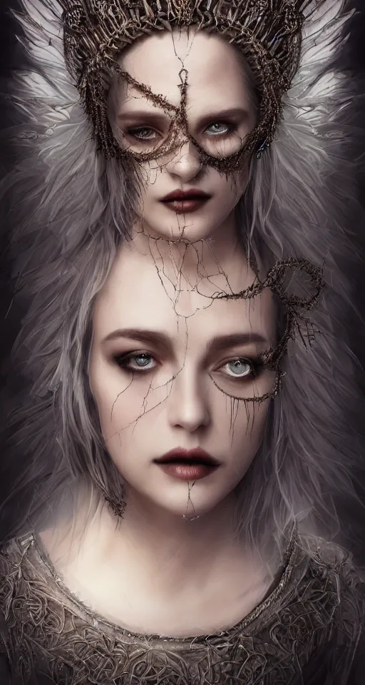 Image similar to a single faced portrait of the enchantress queen with a stunning timeless beauty, breathtaking eyes, perfect skin, feathered eyelashes, royal gothic dress with a lot of leather, heavy silent hill aesthetic, incredibly intricate, digital art, blender, houdini & photoshop, very elegant & complex, hyper-maximalist, overdetailed, epic cinematic quality, biblical art lighting, photorealistic, lifelike, OLED, DSLR HDR 8k, face is the focus, facial feature symmetry, hyper composed, created by Nixeu & z--ed from deviantart