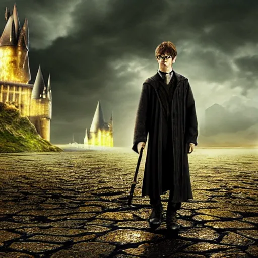 Image similar to Harry potter standing and holding a short wand, yellow light spell, side view, daniel radcliffe, thunderclouds, cinematic shot, wide shot, epic scale, photorealistic detail and quality, intricate cobblestone, magical special effects, movie still, nighttime, crescent moon, sharp and clear, action shot, intense scene, visually coherent, symmetry, rule of thirds, movement, photorealistic colors, cool colors transitioning to warm colors, modest tone, award winning, directed by Steven Spielberg, Christopher Nolan, Tooth Wu, Asher Duran, artstation