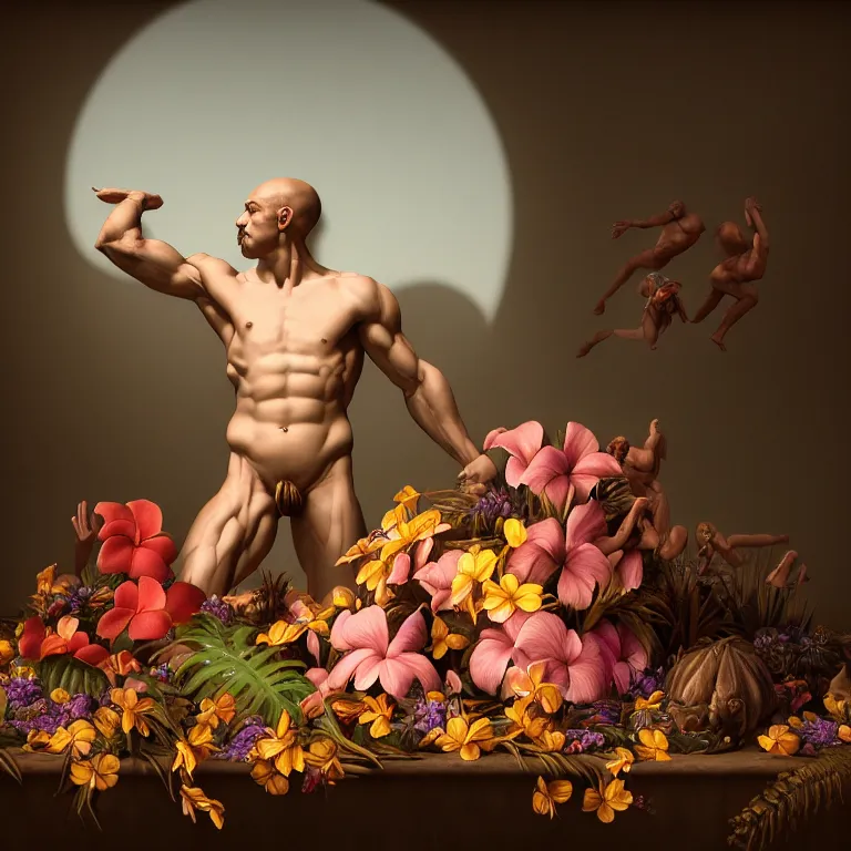 Prompt: still life of human muscular body covered with tropical flowers, wide shot, soft glow bloom lucid dream - like ethereal atmosphere, baroque portrait painting, perfect composition, beautiful intricate detailed octane render trending on artstation, 8 k artistic photography, volumetric cinematic perfect light, chiaroscuro, masterpiece, raphael, caravaggio, rutkowski, beeple, beksinski