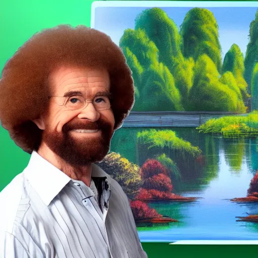 Bob Ross on the shore of the Thames River, painting a