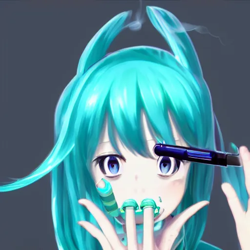 Image similar to hatsune miku smoking a vape pen, smoke coming out of her mouth, artstation, 4 k