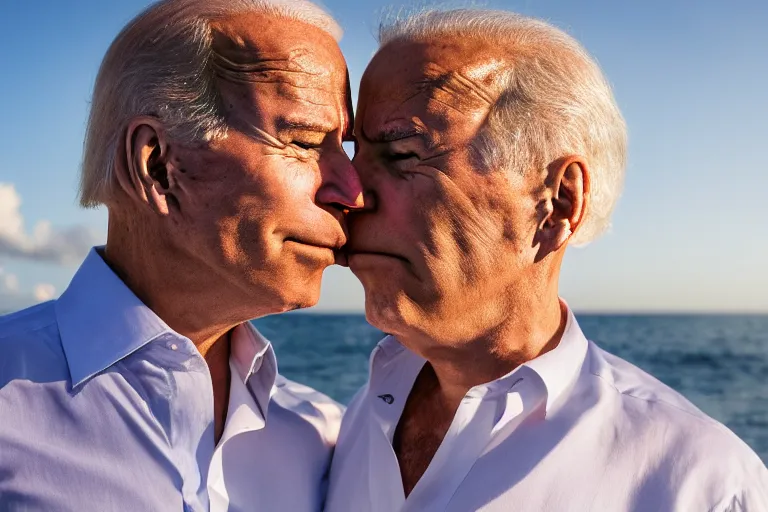 Image similar to closeup portrait of joe biden kissing jeffrey epstein on the cheek, on a sunny beach, us virgin islands, screen light, sharp,x detailed face, magazine, press, photo, Steve McCurry, David Lazar, Canon, Nikon, focus