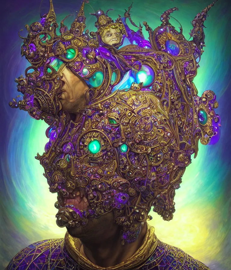 Image similar to front shot of a court jester character, hyperdimensional, bioluminescent hypercubes, dark holography!!!, sunset psychedelic, chrome, (((intricate))), elegant, highly detailed, centered, (((artstation, concept art, smooth, sharp focus, artgerm, Tomasz Alen Kopera, Peter Mohrbacher, donato giancola, Joseph Christian Leyendecker, WLOP, Boris Vallejo))), mugshot!!!!!, ugly!!!!!!, octane render, nvidia raytracing demo, octane render, nvidia raytracing demo, octane render, nvidia raytracing demo, grainy, muted, 8K, digitalblasphemy, metatron