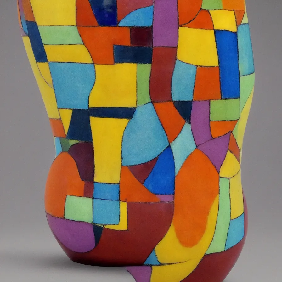 Prompt: beautiful ceramics studio photograph of a tall colorful geometric symmetrical porcelain jug glazed by paul klee placed on a polished wooden table, hyperrealism 8 k trending on artstation