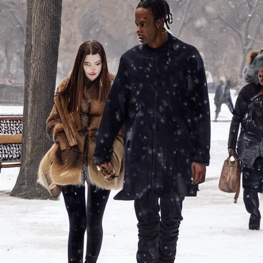 Prompt: travis scott dating anya taylor joy in central park at winter, symmetry photorealistic, dynamic light, ultra detailed, paparazzi photo