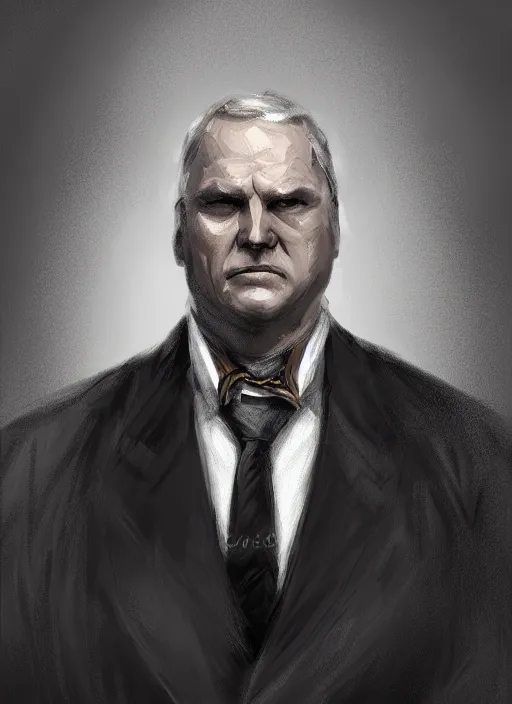 Prompt: a highly detailed illustration of 6 7 year - old clean - shaven chubby white man wearing black detective coat with necktie, heroic pose, strings background, intricate, elegant, highly detailed, centered, digital painting, artstation, concept art, smooth, sharp focus, league of legends concept art, wlop.