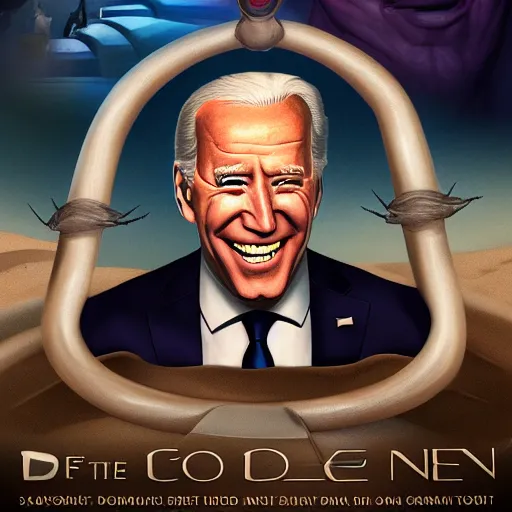 Image similar to cartoon joe biden's face on the body of a worm, book cover art dune god emperor of dune. cgi omovie poster style, artstation, dune