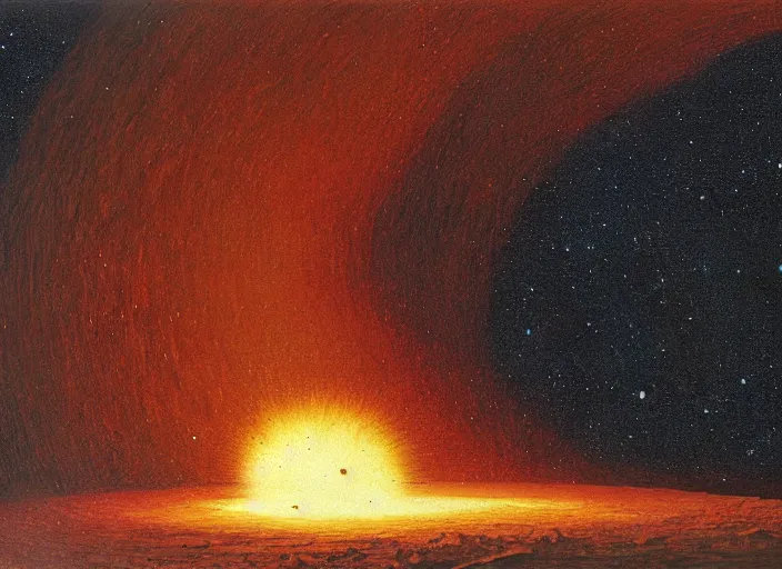Prompt: earth during the cretaceous – paleogene extinction event, just as the asteroid is colliding with earth, the asteroid later forms the chicxulub crater, in the style of hudson river school of art, oil on canvas