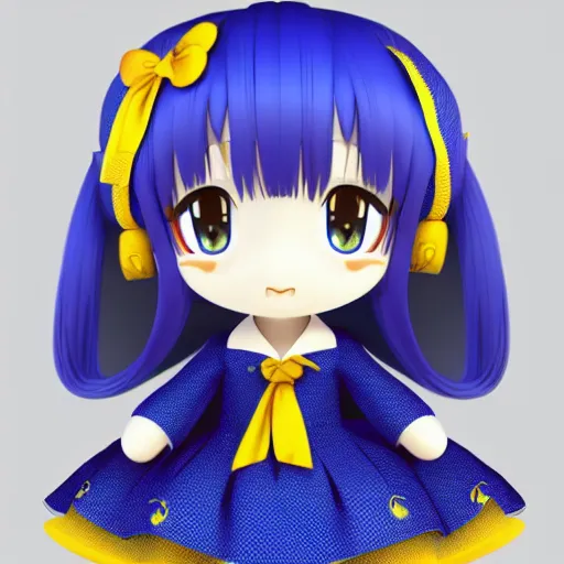 Prompt: cute fumo plush of a girl in a blue and gold patterned dress, stylized material bssrdf, cel shading, vray, anime girl