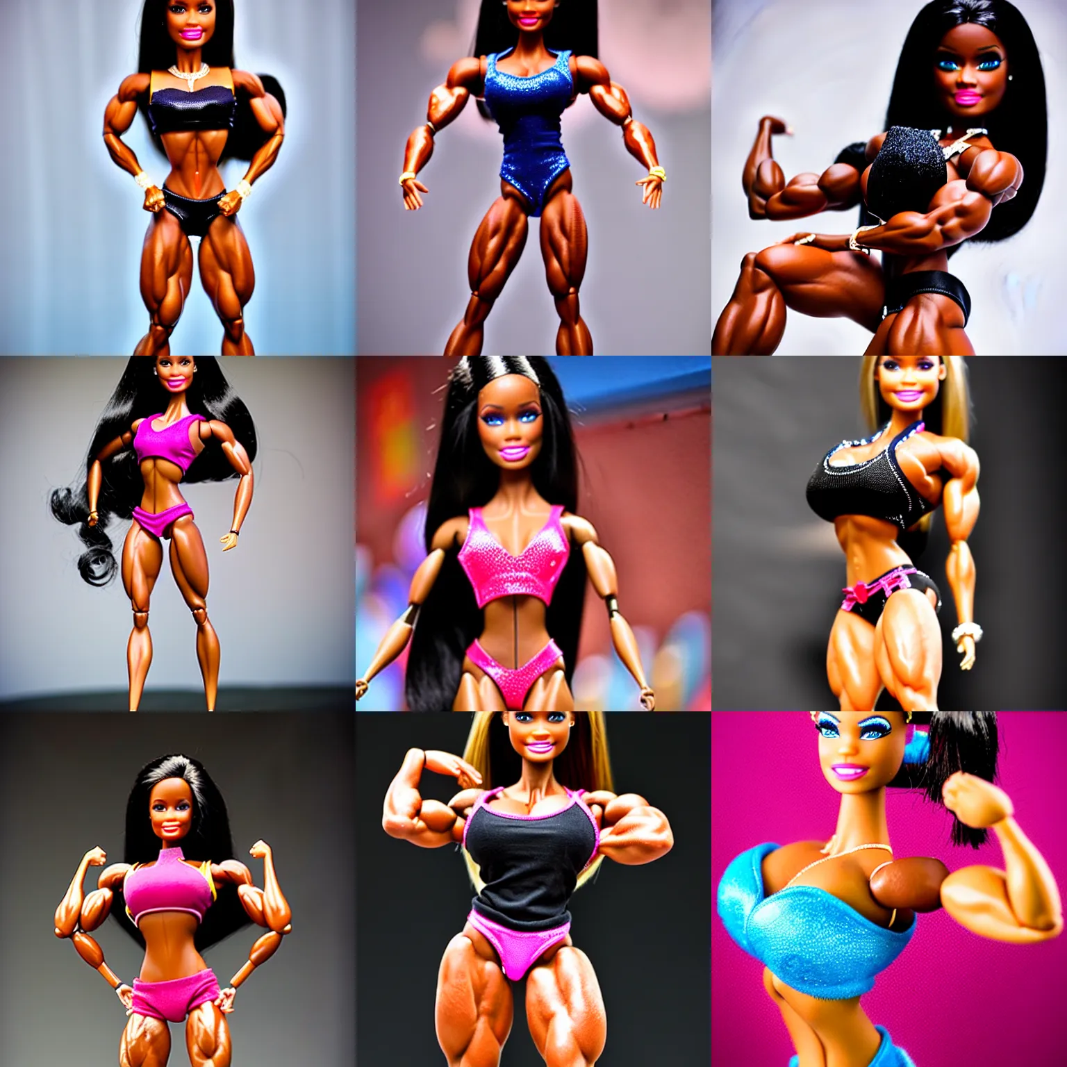 Prompt: super muscular barbie, black hair, bodybuilder contest, soft light photography