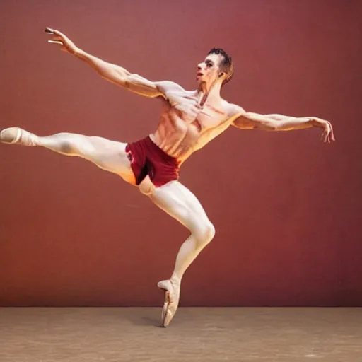 Image similar to a male ballet dancer falling, breaking his leg, blood hyperrealism