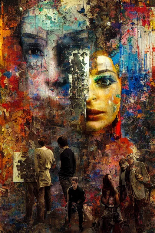 Image similar to a beautiful glitched painting by robert proch of people in front of a painting in a museum gallery, metal rust and plaster materials, pixel sorting, color bleeding, brushstrokes by jeremy mann, still life, dark colors