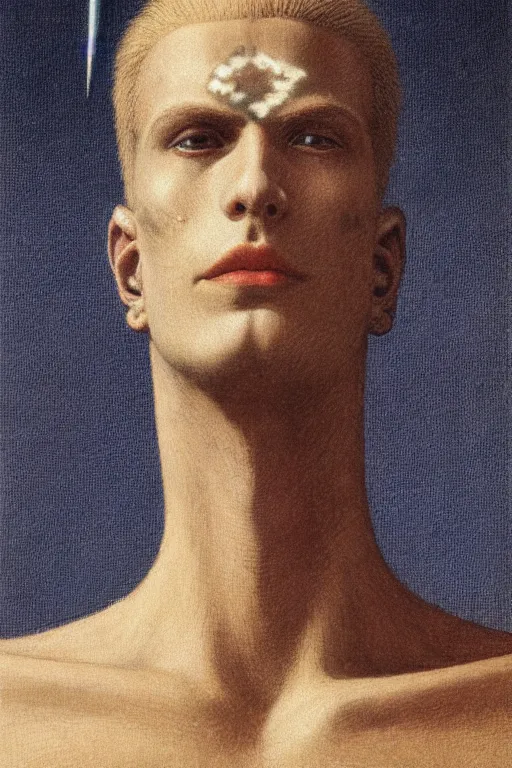 Image similar to portrait of beautiful gothic and futuristic young man, warcpace, cyber and rocks armor, a lot of more and more scars, thunderstorm, blueack with white head, the middle ages, highly detailed, artstation, illustration, more and more composision, 8 k quality, art by jean delville, rene magritte