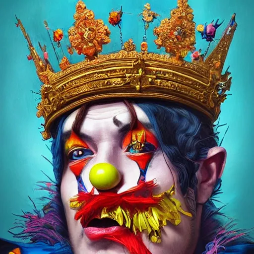 Image similar to “ an oil painting portrait of a clown wearing medieval royal robe and an ornate crown on a colorful background ” digital art, concept art, highly detailed, 3 - d 4 k, trending on art station, award winning, mark brooks,