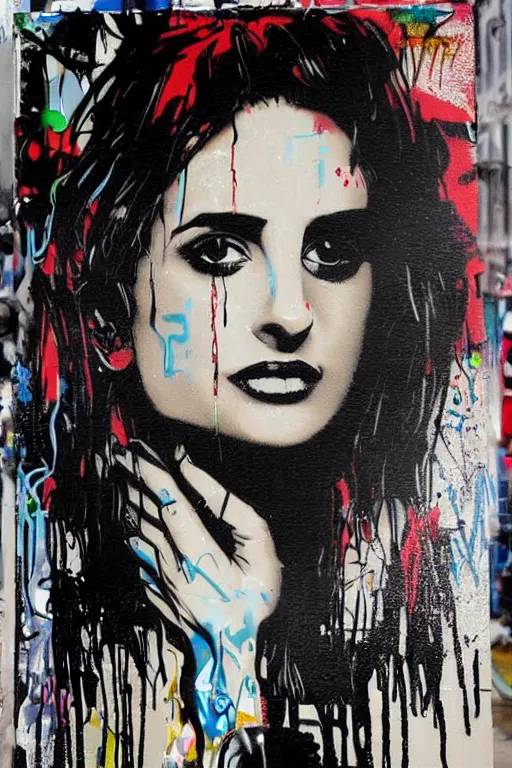 Image similar to graffiti, splash painting, portrait of penelope cruz, artwork by bansky