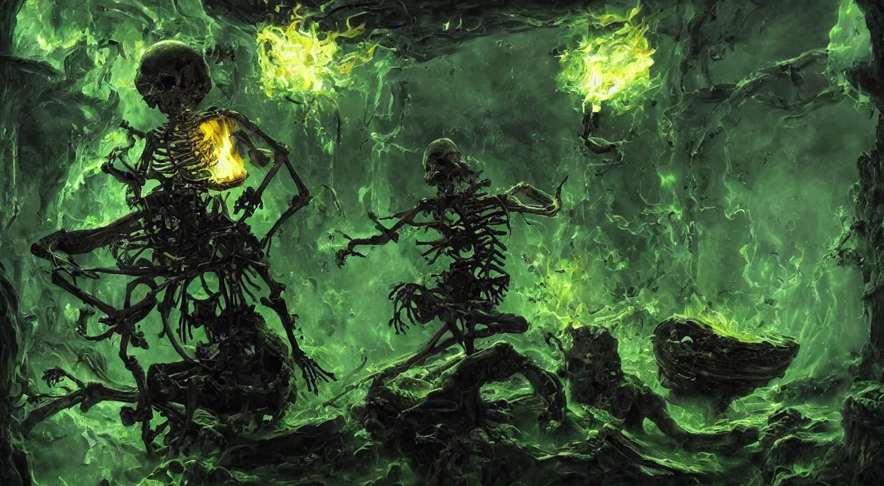 Image similar to A highly detailed oil painting by Greg Rutkowski of a skeleton wearing black robes making a potion in a huge bubbling cauldron glowing bright green, with lots of fire coming from it, highly detailed fantasy concept artwork, very realistic, green and black color scheme.