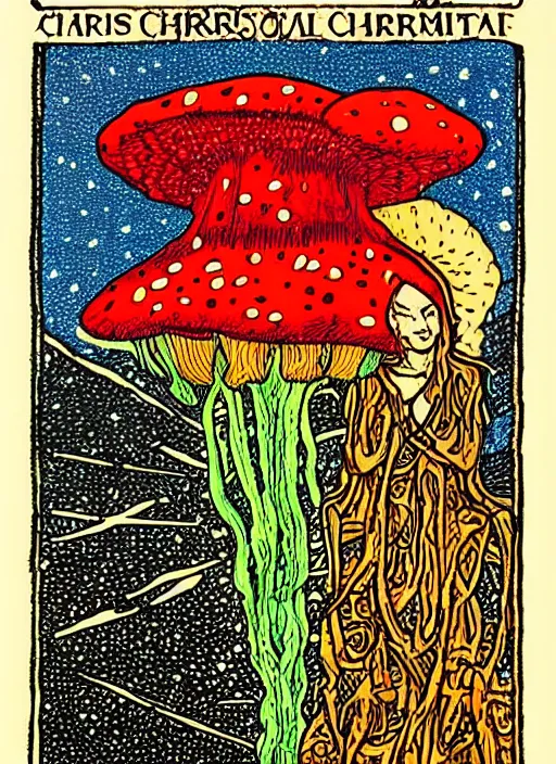 Image similar to tarot card designed by charles burns, painted with oil paint, depicting a drawing of amanita muscaria mushroom, high priest, ritual, dmt space, intricate, ornate