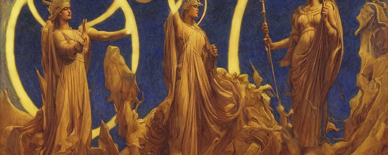 Image similar to saint woman, venus, athena, queen, by annie swynnerton and nicholas roerich and jean delville, strong dramatic cinematic lighting, ornate headdress, flowing robes, lost civilizations, smooth, sharp focus, extremely detailed, marble, stars, gold, space