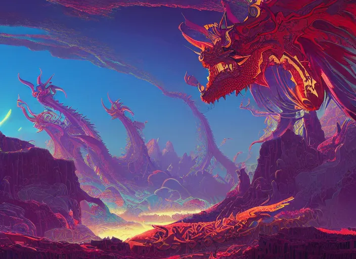 Image similar to psychedelic art of a landscape made of dragons, thousands of dragons, detailed, cel shaded, by makoto shinkai and moebius and anton fadeev and james gurney