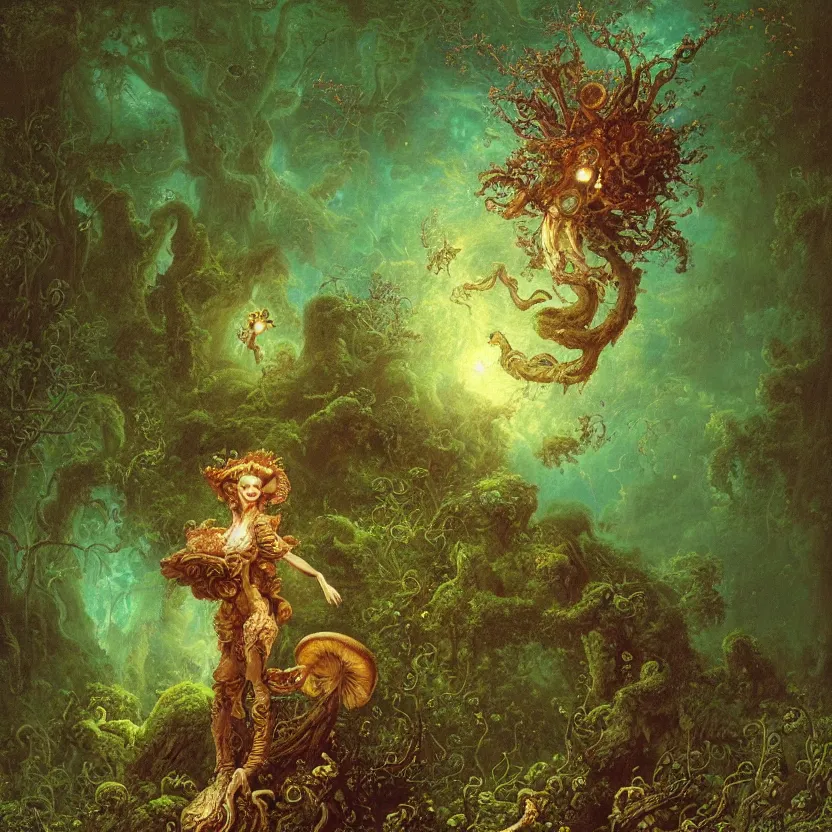 Image similar to a close - up rococo portrait of a futuristic iridescent mushroom alien elf - like creature standing in water, moss, and swamp. fireflies night time. rich colors, high contrast. gloomy, highly detailed 1 8 th century sci - fi fantasy masterpiece painting by jean - honore fragonard, moebius, and johfra bosschart. artstation
