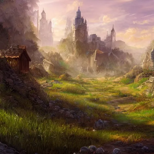 Prompt: medieval fantasy meadow landscape, digital art, trending on artstation, highly detailed, 4k, hd