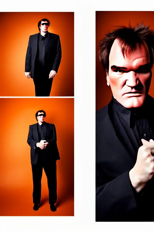 Image similar to full - length portrait of tarantino cyborg, fashion color studio lighting, 3 5 mm, close - up